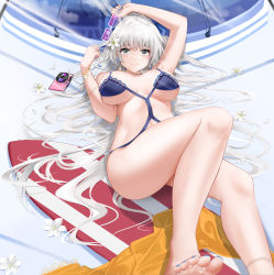 Rule 34 | 1girl, :&gt;, ass, azur lane, barefoot, bikini, blue bikini, blue nails, bracelet, breasts, breasts apart, closed mouth, unworn eyewear, grey eyes, highres, holding, holding removed eyewear, jewelry, large breasts, looking at viewer, lying, nail polish, navel, official alternate costume, on back, qing wu, silver hair, smile, solo, stomach, sunglasses, swimsuit, toenail polish, toenails, vittorio veneto (azur lane), vittorio veneto (the flower of la spezia) (azur lane)