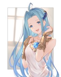 Rule 34 | 1girl, absurdres, ahoge, bare shoulders, blue eyes, blue hair, blurry, blurry background, blush, border, bridal gauntlets, brooch, choker, collarbone, dress, granblue fantasy, hair ornament, highres, jewelry, long hair, looking at viewer, lyria (granblue fantasy), open mouth, outside border, parted bangs, sleeveless, sleeveless dress, smile, solo, strapless, strapless dress, upper body, white border, white dress, window, wuming