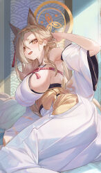 Rule 34 | 1girl, absurdres, animal ears, bare shoulders, blonde hair, blue archive, blush, breasts, detached sleeves, fang, fox ears, hair ornament, hairband, halo, highres, japanese clothes, kaho (blue archive), kimono, large breasts, long hair, looking at viewer, miko, mole, mole under mouth, open mouth, orange hairband, r1zen, sideboob, sleeveless, sleeveless kimono, smile, thick eyebrows, white kimono, wide sleeves, yellow eyes