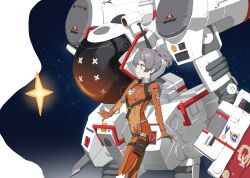 Rule 34 | 1girl, bodysuit, chest harness, covered navel, emblem, feet out of frame, grey eyes, grey hair, hair between eyes, harness, highres, looking to the side, mecha, nainainainainaiya, nanami: starfarer (night navigator) (punishing: gray raven), nanami (punishing: gray raven), one side up, orange bodysuit, outside border, pile bunker, pilot suit, pouch, power (punishing: gray raven), profile, punishing: gray raven, robot, smile, space, spacesuit, star (sky), star (symbol), thigh pouch, thigh strap