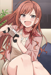 Rule 34 | ahoge, arisugawa natsuha, bandana, beige dress, blush, brown eyes, commentary request, controller, couch, dress, earrings, gougoku, highres, idolmaster, idolmaster shiny colors, indoors, jacket, jewelry, joystick, legs, long hair, open mouth, orange hair, pink jacket, plant, playing games, sitting, solo, sweat, v-shaped eyebrows