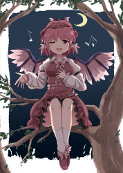Rule 34 | 1girl, animal ears, bare tree, blush, breasts, chups, dress, fingernails, forest, full moon, hand on own chest, hat, highres, in tree, juliet sleeves, kneehighs, long sleeves, looking at viewer, moon, mystia lorelei, nature, night, one eye closed, open mouth, outdoors, pink hair, puffy sleeves, shoes, short hair, sitting, sitting in tree, socks, solo, touhou, tree, white socks, wings