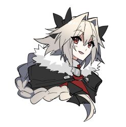 Rule 34 | 1boy, alternate color, alternate eye color, alternate hair color, androgynous, astolfo (fate), black bow, black cape, bow, braid, cape, fang, fate/apocrypha, fate (series), fur-trimmed cape, fur trim, hair between eyes, hair bow, hair intakes, haoro, long braid, long hair, male focus, multicolored hair, open mouth, pink hair, portrait, purple eyes, red eyes, simple background, single braid, skin fang, smile, solo, streaked hair, trap, two-tone hair, white background, white hair