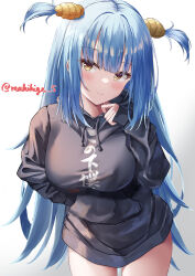 Rule 34 | 1girl, absurdres, azur lane, black hoodie, blue hair, blush, breasts, casual, commentary request, cowboy shot, hand in pocket, hand up, highres, hood, hood down, hoodie, large breasts, leaning forward, long hair, looking at viewer, makihige, medium breasts, neptune (azur lane), shell hair ornament, signature, smile, solo, very long hair, yellow eyes