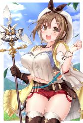 Rule 34 | 1girl, atelier (series), atelier ryza, atelier ryza 1, belt, blue belt, blue sky, brown belt, brown eyes, brown gloves, brown hair, cloud, commentary request, day, gloves, hair ornament, hairclip, highres, holding, holding staff, jacket, jewelry, kazuneko (wktk1024), landscape, leather, leather belt, leather gloves, necklace, pouch, red shorts, reisalin stout, short hair, short shorts, shorts, single glove, sky, sleeveless, sleeveless jacket, staff, star (symbol), star necklace, thick thighs, thigh pouch, thighs, vial, white headwear, yellow jacket