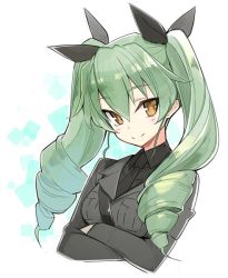 Rule 34 | 10s, 1girl, anchovy (girls und panzer), bad id, bad twitter id, brown eyes, crossed arms, drill hair, girls und panzer, green hair, hair ribbon, long hair, looking at viewer, minono aki, necktie, ribbon, solo, twin drills