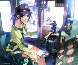 Rule 34 | 1girl, armband, backlighting, belt, black hair, bloom, blue eyes, breasts, gloves, hat, looking at viewer, md5 mismatch, medium breasts, original, pouch, resolution mismatch, short hair, sitting, skirt, smile, solo, source larger, speaker, sweatdrop, train, train conductor, train interior, vania600