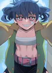 Rule 34 | 1girl, belt, belt buckle, black shorts, blue hair, blush, breasts, buckle, cleavage, commentary, crossed bandaids, earrings, english commentary, green jacket, grin, hair between eyes, highres, jacket, jewelry, ji-yoon (jourd4n), jourd4n, looking at viewer, navel, open clothes, open jacket, original, pink belt, red eyes, sarashi, shorts, small breasts, smile, solo, twintails