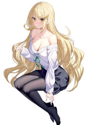 Rule 34 | 1girl, bare shoulders, black pantyhose, black skirt, blonde hair, blush, breasts, cleavage, collarbone, highres, large breasts, long hair, long sleeves, looking at viewer, mythra (xenoblade), off-shoulder sweater, off shoulder, pantyhose, ririko (zhuoyandesailaer), sidelocks, skirt, smile, solo, sweater, swept bangs, white background, white sweater, xenoblade chronicles (series), xenoblade chronicles 2, yellow eyes