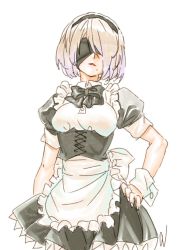 Rule 34 | 1girl, bad id, bad twitter id, blindfold, bob cut, bow, breasts, cowboy shot, cwind, hand on own hip, headband, highres, maid, medium breasts, mole, mole under mouth, nier (series), nier:automata, parted lips, puffy short sleeves, puffy sleeves, short hair, short sleeves, simple background, solo, white background, white hair, wrist cuffs, 2b (nier:automata)
