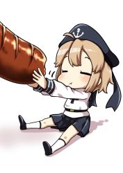 Rule 34 | 1girl, :t, anchor, anchor symbol, closed eyes, closed mouth, eating, fairy (kancolle), food, full body, hat, highres, kantai collection, kneehighs, light brown hair, long sleeves, nassukun, sailor collar, sausage, shadow, short hair, simple background, sitting, skirt, socks, solo, white background, white socks