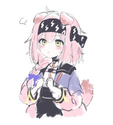 Rule 34 | 1girl, :t, animal ears, arknights, black hairband, black skirt, blue bow, blush, bow, braid, cat ears, cat girl, cat tail, closed mouth, goldenglow (arknights), green eyes, hair between eyes, hair bow, hair over shoulder, hairband, highres, jacket, lightning bolt print, long hair, long sleeves, open clothes, open jacket, pink hair, pink jacket, pout, print hairband, puffy long sleeves, puffy sleeves, shirt, simple background, single braid, skirt, solo, suzuiro (chocolatte), tail, white background, white shirt