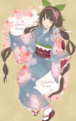 Rule 34 | 1girl, black hair, braid, chabashira tenko, cherry blossoms, danganronpa (series), danganronpa v3: killing harmony, green eyes, hairband, japanese clothes, kimono, mole, ribbon, smile, solo, twintails