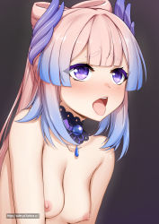 Rule 34 | 1girl, bare shoulders, blue eyes, blue hair, blunt bangs, blush, breasts, commentary, detached collar, english commentary, female focus, genshin impact, hair ornament, highres, multicolored hair, nipples, nude, open mouth, pink hair, ponytail, sangonomiya kokomi, small breasts, solo, tongue, tongue out, two-tone hair, upper body, vahn yourdoom, water drop