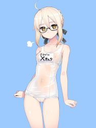 Rule 34 | 1girl, ahoge, arms at sides, artoria pendragon (fate), black-framed eyewear, black ribbon, blonde hair, blue background, braid, braided bun, breasts, cameltoe, closed mouth, covered navel, cowboy shot, fate/grand order, fate (series), glasses, hair bun, hair ribbon, looking at viewer, mysterious heroine x alter (fate), name tag, namonashi, one-piece swimsuit, ribbon, round eyewear, school swimsuit, semi-rimless eyewear, simple background, small breasts, solo, standing, swimsuit, under-rim eyewear, white one-piece swimsuit, yellow eyes