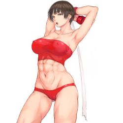Rule 34 | 1girl, abs, armpits, arms behind head, arms up, boxing gloves, breasts, brown eyes, brown hair, capcom, cleft of venus, covered erect nipples, headband, kasugano sakura, large breasts, looking at viewer, navel, short hair, shu-mai, simple background, solo, sports bra, street fighter, tagme, white background