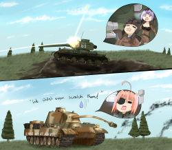 Rule 34 | absurdres, bauer, borrowed character, cloud, grass, highres, military, military vehicle, motor vehicle, original, panther (tank), panther (tank), sky, t-34, tank, thesynchronizer, tree, world war ii