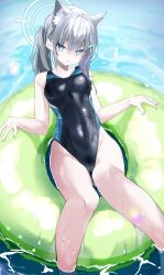 Rule 34 | 1girl, :o, absurdres, animal ear fluff, animal ears, blue archive, breasts, cameltoe, cleft of venus, competition swimsuit, covered navel, feet out of frame, grey hair, halo, highres, kamiya mitobe, looking at viewer, medium breasts, official alternate costume, on innertube, one-piece swimsuit, ponytail, refraction, shiroko (blue archive), shiroko (swimsuit) (blue archive), sitting, solo, swimsuit, two-tone one-piece swimsuit, water drop, wolf ears