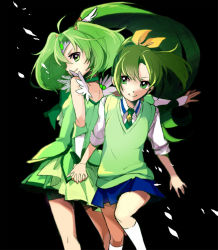 Rule 34 | 10s, 1girl, black background, bow, cherico, cure march, dress, dual persona, green eyes, green hair, green shorts, green skirt, green sweater vest, green theme, hair bow, holding hands, long hair, magical girl, midorikawa nao, necktie, petals, ponytail, precure, school uniform, shorts, shorts under skirt, skirt, sleeves rolled up, smile, smile precure!, socks, sweater vest, tiara, tri tails, wrist cuffs