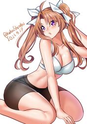 Rule 34 | 1girl, absurdres, ahoge, bike shorts, black shorts, bra, breasts, brown hair, dated, hair intakes, hair ribbon, highres, kagerou (kancolle), kagerou kai ni (kancolle), kantai collection, katou shinobu, kneeling, looking back, medium breasts, one-hour drawing challenge, parted lips, purple eyes, ribbon, shorts, simple background, solo, twintails, twitter username, underwear, white background, white bra, white ribbon