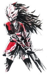 Rule 34 | 1girl, black hair, long hair, mask, raven branwen, rwby, signature, simple background, sword, weapon, white background