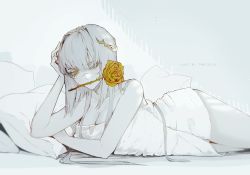 Rule 34 | android, artist name, breasts, cleavage, collarbone, commentary, english commentary, grey hair, highres, indie virtual youtuber, long hair, looking at viewer, lying, medium breasts, metal skin, naked towel, on side, one eye closed, pillow, the cecile, the cecile (vtuber), towel, virtual youtuber, yellow eyes