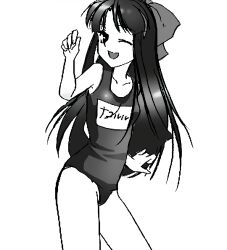 Rule 34 | 1girl, breasts, competition school swimsuit, competition swimsuit, hair ribbon, highres, legs, long hair, looking at viewer, monochrome, nakoruru, one-piece swimsuit, one eye closed, ribbon, samurai spirits, school swimsuit, small breasts, smile, solo, swimsuit, the king of fighters, thighs, wink
