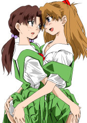 Rule 34 | 2girls, absurdres, alternate color, ass, ass grab, bare legs, blue eyes, blush, breast press, breasts, brown hair, clothes lift, eywy4324, hair ornament, highres, horaki hikari, hug, interface headset, long hair, looking at another, low twintails, multiple girls, neon genesis evangelion, panties, school uniform, sexually suggestive, simple background, skirt, skirt lift, small breasts, smile, souryuu asuka langley, standing, suspender skirt, suspenders, tokyo-3 middle school uniform, twintails, two side up, underwear, very long hair, white background, white panties, yuri