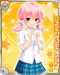 Rule 34 | 1girl, :o, blue bow, blue skirt, bow, card (medium), character name, collar, girlfriend (kari), higashino azusa, looking at viewer, official art, open mouth, pink eyes, pink hair, plaid, plaid skirt, qp:flapper, school uniform, shirt, skirt, solo, standing, tagme, twintails, v-shaped eyebrows, white shirt, yellow background