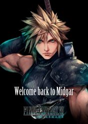 Rule 34 | 1boy, armor, biceps, black background, blonde hair, cloud strife, copyright name, english text, final fantasy, final fantasy vii, final fantasy vii remake, highres, logo, looking at viewer, male focus, manly, muscular, nomura tetsuya, official art, serious, shoulder armor, sleeveless, sleeveless turtleneck, solo, spiked hair, sword, turtleneck, upper body, weapon, weapon on back