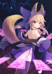 Rule 34 | 10s, 1girl, :d, animal ears, back, bare shoulders, black thighhighs, bubble, commentary, detached collar, detached sleeves, eyebrows, fang, fate/extra, fate/grand order, fate (series), fox ears, fox tail, hair between eyes, long hair, looking at viewer, looking back, obi, open mouth, pink hair, sash, shoes, smile, solo, tail, talisman, tamamo no mae (fate/extra), teru (kazanawa), thighhighs, thighs, weapon, yellow eyes