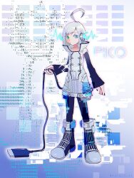 Rule 34 | 1boy, ahoge, androgynous, ascii art, black footwear, black nails, black sleeves, black thighhighs, blue eyes, boots, buttons, character name, closed mouth, detached sleeves, green eyes, headphones, heterochromia, highres, holding own tail, looking to the side, male focus, outer glow, shirt, short hair, sleeveless, sleeveless shirt, solo, sora 2 51, sparkle, standing, tail, thighhighs, twitter username, usb, utatane piko, vocaloid, white hair, white shirt