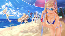 Rule 34 | &gt; &lt;, 6+girls, ;d, ^^^, ^ ^, animal ears, animal print, aqua hair, arm up, ball, bandeau, bare arms, barefoot, beach, beach umbrella, beachball, bikini, bikini under clothes, black bikini, black hair, blonde hair, blue-framed eyewear, blue one-piece swimsuit, bob cut, boko (maniacpurple), breasts, cat ears, cat print, cat tail, catching, character request, cleavage, closed eyes, clothes writing, coat, collarbone, colored eyelashes, curly hair, dust, eyebrows, fang, flat chest, girl sandwich, glasses, groin, hair ornament, hair ribbon, hair tie, hairclip, halterneck, happy, head tilt, highres, holding, holding hands, interlocked fingers, juliet sleeves, jumping, leaning forward, leg up, legs apart, lens flare, light rays, locked arms, long hair, long sleeves, looking at another, looking at viewer, medium breasts, midair, moe moe daisensou gendaibaan, mouth hold, multiple girls, name tag, navel, o-ring, o-ring bikini, o-ring bottom, ocean, one-piece swimsuit, one eye closed, open clothes, open coat, open mouth, outstretched arm, outstretched arms, palms, pink hair, playing sports, ponytail, print bikini, puffy sleeves, red ribbon, ribbon, sand, sandwiched, school uniform, shade, shadow, sidelocks, smile, soles, standing, standing on one leg, star (symbol), stomach, string bikini, summer, sunlight, sweatdrop, swimsuit, swimsuit under clothes, tail, tail ornament, tail ribbon, tree, twintails, umbrella, underboob, very long hair, waves, white coat, wristband
