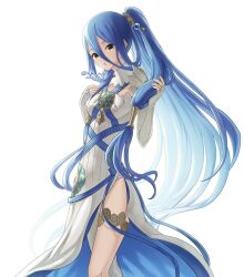Rule 34 | 1girl, 2022, alternate hairstyle, anklet, azura (fire emblem), blue hair, commentary request, dated, detached collar, detached sleeves, dress, fingerless gloves, fire emblem, fire emblem fates, gloves, hair between eyes, highres, jewelry, long hair, looking at viewer, necklace, nintendo, ponytail, simple background, solo, sumire l.a., twitter username, very long hair, white background, white dress, white gloves, yellow eyes