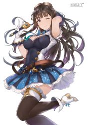 Rule 34 | 10s, 1girl, ankle boots, armpit peek, artist name, belt, black thighhighs, boots, breasts, brown eyes, brown hair, cleavage, dress, frilled thighhighs, frills, gloves, goggles, goggles on head, granblue fantasy, highres, idol, jessica (granblue fantasy), large breasts, long hair, microphone, one eye closed, petticoat, smile, solo, standing, standing on one leg, star (symbol), thighhighs, thighs, white background, white gloves, yaman (yamanta lov)