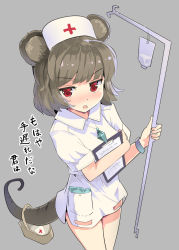 Rule 34 | 1girl, adapted costume, alternate costume, animal ears, basket, blush, clipboard, cowboy shot, dowsing rod, grey background, grey hair, hat, holding, jewelry, looking at viewer, mouse ears, mouse tail, nazrin, nose blush, nurse, nurse cap, parted lips, pendant, puuakachan, red eyes, short sleeves, simple background, solo, standing, tail, thighs, touhou, translation request