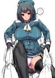 Rule 34 | 10s, 1boy, 1girl, admiral (kancolle), ball busting, bdsm, beret, black gloves, black hair, black thighhighs, blush, breasts, cbt, crotch kick, crotch stomping, femdom, gloves, hat, ishimiso (ishimura), kantai collection, large breasts, looking at viewer, microskirt, military, military uniform, panties, red eyes, short hair, skirt, stomping, takao (kancolle), thighhighs, underwear, uniform