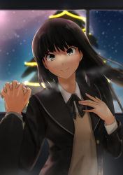 Rule 34 | 1boy, 1girl, absurdres, amagami, ayatsuji tsukasa, black bow, black bowtie, black hair, black jacket, blunt bangs, blurry, blurry background, bow, bowtie, breath, brown sweater vest, christmas tree, closed mouth, commentary, depth of field, dress shirt, garland (decoration), hand on own chest, head tilt, highres, holding hands, interlocked fingers, jacket, kibito high school uniform, long hair, looking at viewer, night, open clothes, open jacket, pine tree, pov, pov hands, school uniform, shirt, sky, smile, solo focus, star (sky), starry sky, sweater vest, tree, upper body, white shirt, window, yoo tenchi