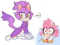 Rule 34 | 2girls, amy rose, animal ears, blaze the cat, cat ears, cat girl, cat tail, forehead jewel, fur-trimmed gloves, fur trim, furry, furry female, gloves, heart, hedgehog girl, highres, jacket, multiple girls, pants, pink fur, ponytail, purple fur, purple jacket, remimun, sonic (series), sweatdrop, tail, white background, white gloves, white pants, yellow eyes