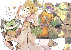 Rule 34 | 2boys, 2girls, blonde hair, blue eyes, breasts, cape, chrono trigger, closed mouth, frog (chrono trigger), glasses, helmet, jewelry, long hair, looking at viewer, lucca ashtear, marle (chrono trigger), medium breasts, multiple boys, multiple girls, oisiokayu, one eye closed, open mouth, ponytail, purple hair, robo (chrono trigger), scarf, short hair, simple background, smile, weapon, white background
