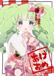 Rule 34 | 1girl, 2024, :d, akeome, bow, colored eyelashes, commentary request, cowboy shot, earmuffs, falulu, floral print, flower, frilled kimono, frills, green hair, grey eyes, hair bow, hair flower, hair ornament, happy new year, highres, holding, japanese clothes, kimono, long hair, long sleeves, looking at viewer, misao (0w0 egg), new year, obi, open mouth, pink bow, pink kimono, pretty series, print kimono, pripara, sash, sidelocks, sleeves past wrists, smile, solo, standing, translation request, twintails, wide sleeves