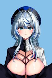 Rule 34 | 1girl, absurdres, aqua eyes, beret, black hat, blue background, blue hair, blue hat, breasts, closed mouth, crossed bangs, eyelashes, grey hair, hat, highres, large breasts, long hair, otherwork, solo, split-color clothes, two-tone hat, upper body, virtual youtuber, vlyz, yun eze, zipper, zipper pull tab