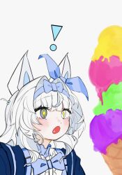 Rule 34 | !, 1girl, animal ears, blue bow, blue bowtie, blue hairband, blue jacket, blue ribbon, bow, bowtie, fang, frilled shirt, frills, grey hair, hair bow, hair intakes, hair ribbon, hairband, heterochromia, highres, ice cream cone, jacket, long hair, mechanical ears, no.21: feral scent (punishing: gray raven), no.21 (punishing: gray raven), official alternate costume, open mouth, punishing: gray raven, ribbon, sangosyan2, shirt, skin fang, solo, star-shaped pupils, star (symbol), symbol-shaped pupils, white shirt, wolf ears