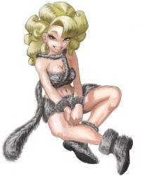 Rule 34 | 1girl, ayla (chrono trigger), blonde hair, blue eyes, breasts, caveman, chrono trigger, cleavage, curly hair, full body, highres, long hair, looking at viewer, navel, peiroke, simple background, smile, solo, white background