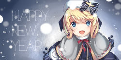 Rule 34 | 1girl, :d, blonde hair, blue bow, blue dress, blue eyes, blue gloves, blue ribbon, blush, bow, capelet, dress, from above, gloves, happy new year, hat, hat bow, jacknavy, looking at viewer, looking up, mittens, new year, open mouth, red bow, red ribbon, ribbon, short hair, smile, snow, snowing, solo, text focus, warship girls r, white hat, z16 friedrich eckoldt (warship girls r)