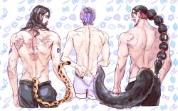 Rule 34 | 3boys, back, back focus, black hair, cropped legs, earrings, eg (eastg111), eyewear on head, facial hair, fox tail, goatee, highres, jabra (one piece), jewelry, leopard tail, long hair, long mustache, male focus, mature male, multi-tied hair, multiple boys, muscular, muscular male, one piece, purple hair, rabbit tail, rob lucci, scar, scar on back, short hair, shoulder tattoo, smile, spandam, sweatdrop, tail, tattoo, topless male, touching tail