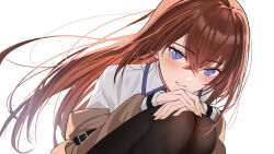 1girl artist_name blue_eyes blush brown_hair brown_jacket brown_pantyhose collared_shirt commentary_request crossed_bangs fine_fabric_emphasis floating_hair grey_background hair_between_eyes highres jacket long_hair looking_at_viewer makise_kurisu off_shoulder pantyhose shirase_rin shirt simple_background sitting solo steins;gate white_shirt