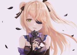 Rule 34 | 1girl, absurdres, bare shoulders, black flower, black rose, blonde hair, blush, bow, breasts, brown ribbon, commentary, eyepatch, fischl (genshin impact), floating hair, flower, genshin impact, gloves, green eyes, hair over one eye, hair ribbon, highres, holding, holding flower, long hair, looking at viewer, medium breasts, open mouth, petals, portrait, ribbon, rose, rose petals, sleeveless, smile, solo, turbulence, two side up, upper body