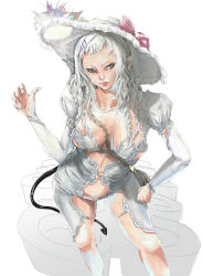 Rule 34 | bow, braid, demon tail, detached sleeves, hat, lipstick, long hair, makeup, original, pointy ears, solo, standing, tail, tanupo, white hair, yellow eyes