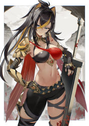Rule 34 | 1girl, black gloves, black hair, blonde hair, blood, blood on face, blue eyes, breasts, cleavage, closed mouth, commentary request, dehya (genshin impact), fingerless gloves, gauntlets, genshin impact, gloves, hair between eyes, hand on own hip, holding, holding sword, holding weapon, large breasts, long hair, multicolored hair, navel, scottie (phantom2), smile, solo, standing, sword, two-tone hair, weapon